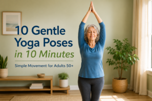 Older woman practicing gentle yoga with arms raised, promoting movement and flexibility for adults 50+